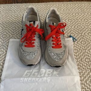 Golden Goose Running Silver Glitter Sneakers with Red Laces